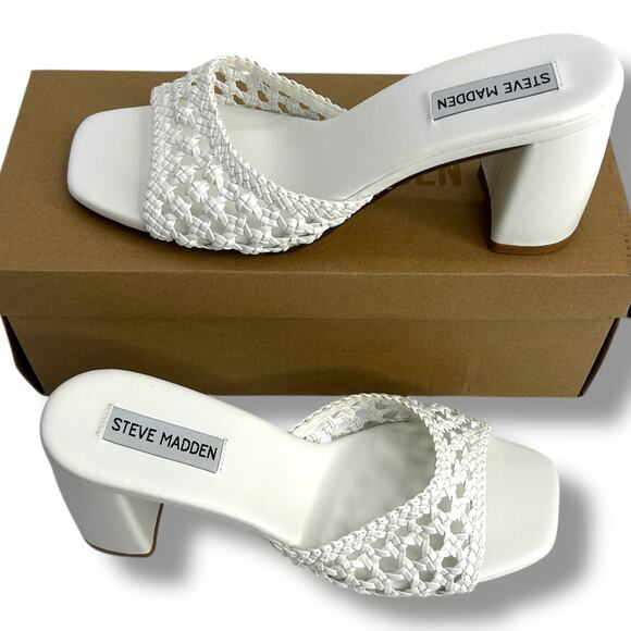 Steve Madden White Woven Heels Size 7 Slip On Mules Rafia Boho Beach Sandals - Picture 9 of 12